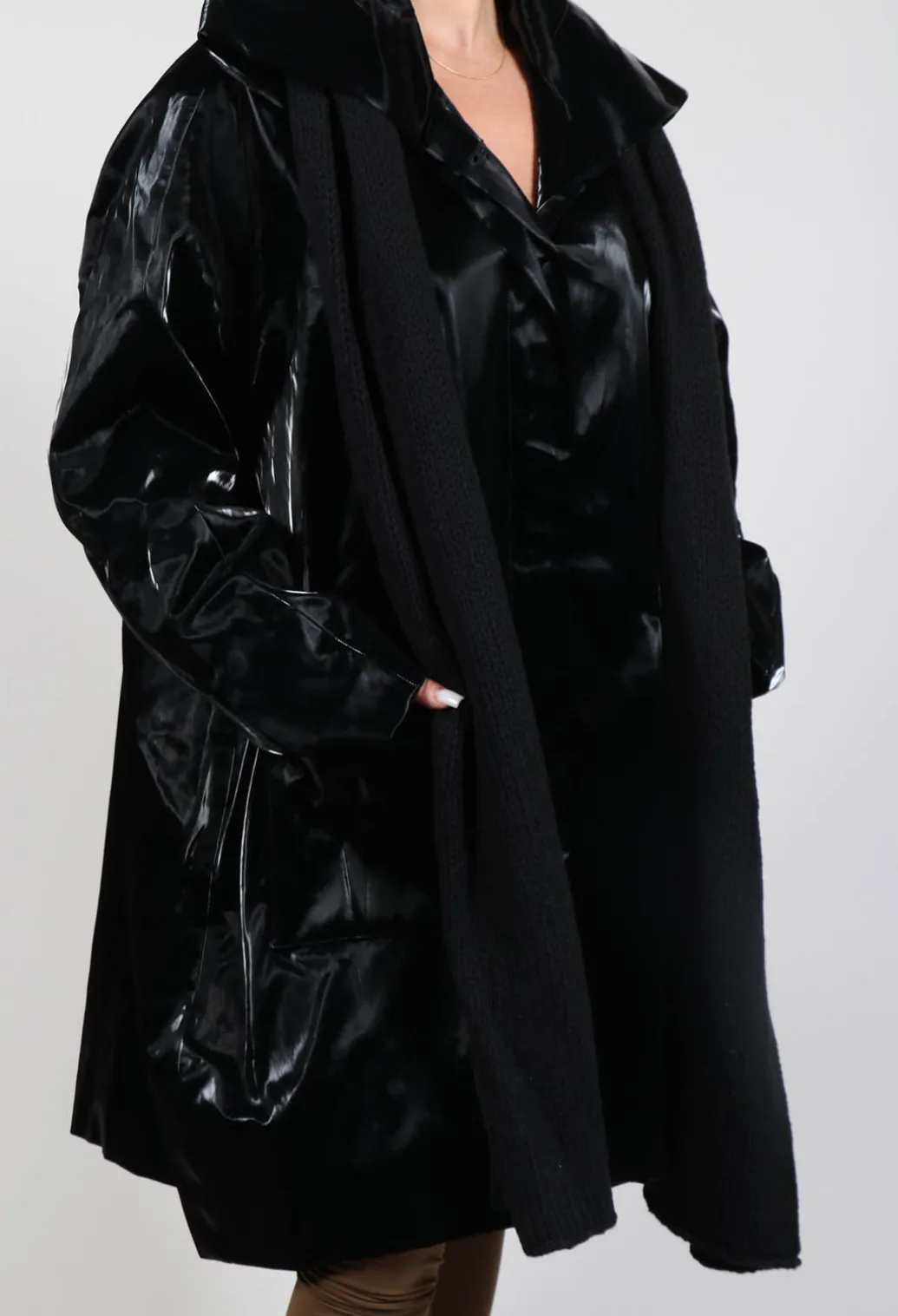 High Shine Coat with Scarf in Black