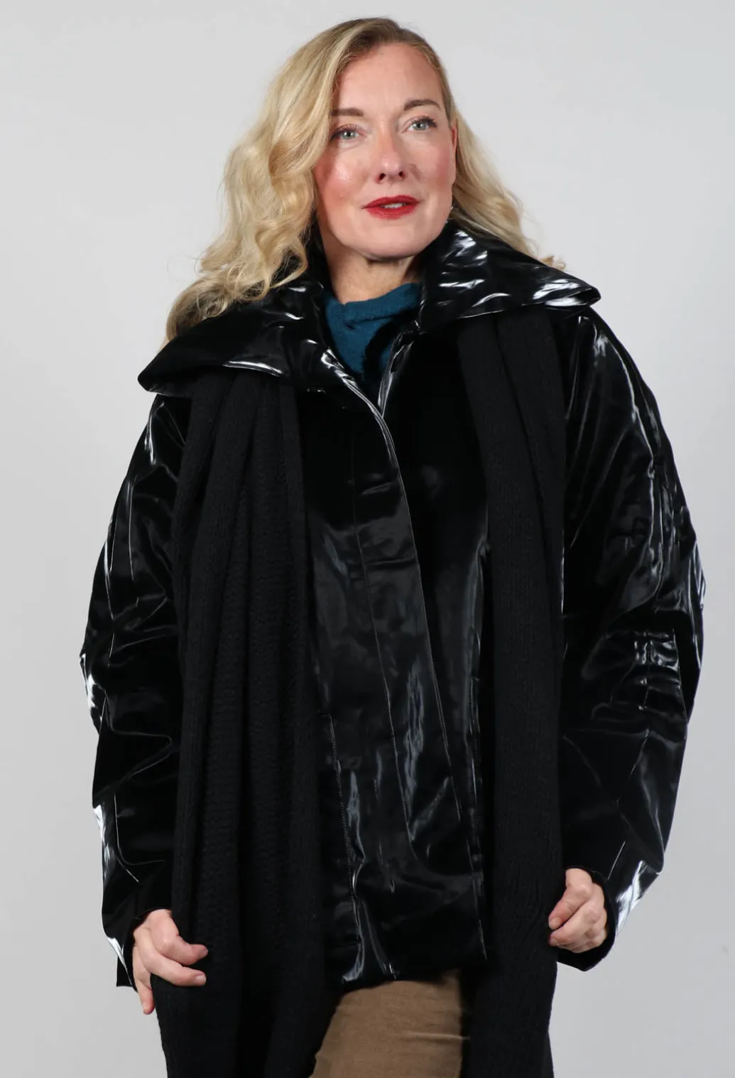 High Shine Jacket with Scarf in Black