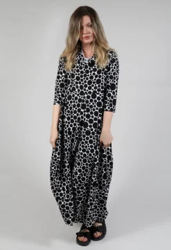 High-Neck Jersey Dress in White with Black Pois