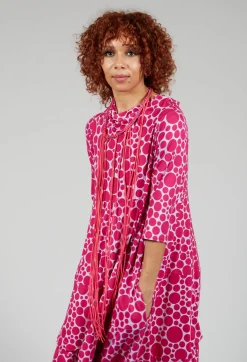 High-Neck Jersey Dress in Lilac with Fuschia Pois