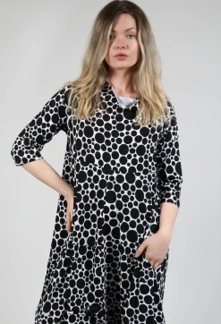 High-Neck Jersey Dress in White with Black Pois