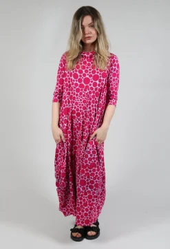 High-Neck Jersey Dress in Lilac with Fuschia Pois