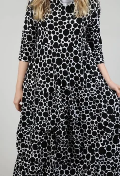 High-Neck Jersey Dress in White with Black Pois
