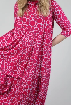 High-Neck Jersey Dress in Lilac with Fuschia Pois