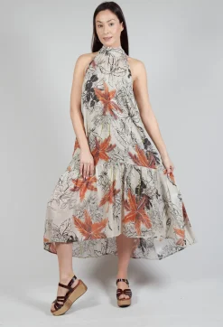 High-Neck Shift Dress in Palms Print