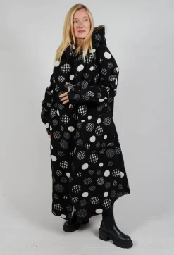 Hooded Oversized Fit Coat in Black with White Pois