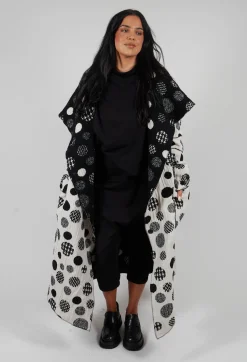 Hooded Oversized Fit Coat in White with Black Pois