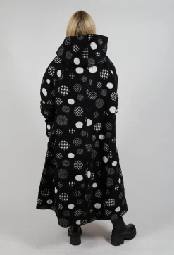 Hooded Oversized Fit Coat in Black with White Pois