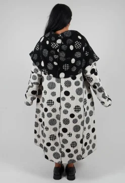 Hooded Oversized Fit Coat in White with Black Pois