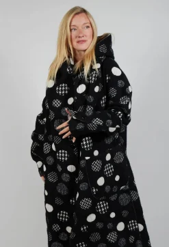 Hooded Oversized Fit Coat in Black with White Pois