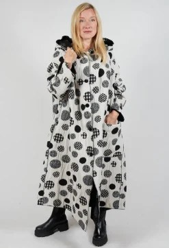 Hooded Oversized Fit Coat in White with Black Pois