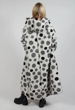 Hooded Oversized Fit Coat in White with Black Pois