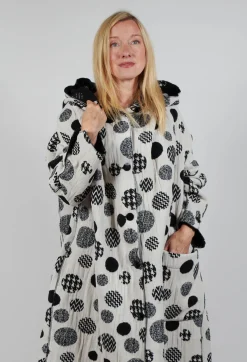 Hooded Oversized Fit Coat in White with Black Pois