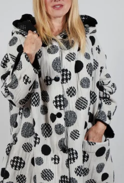 Hooded Oversized Fit Coat in White with Black Pois