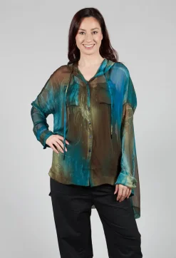 Hooded Silk Shirt in Petrol Print