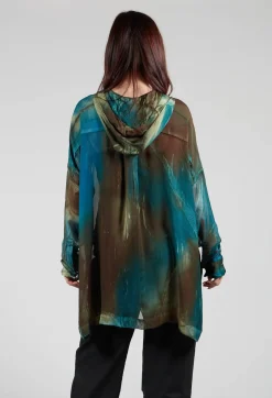 Hooded Silk Shirt in Petrol Print