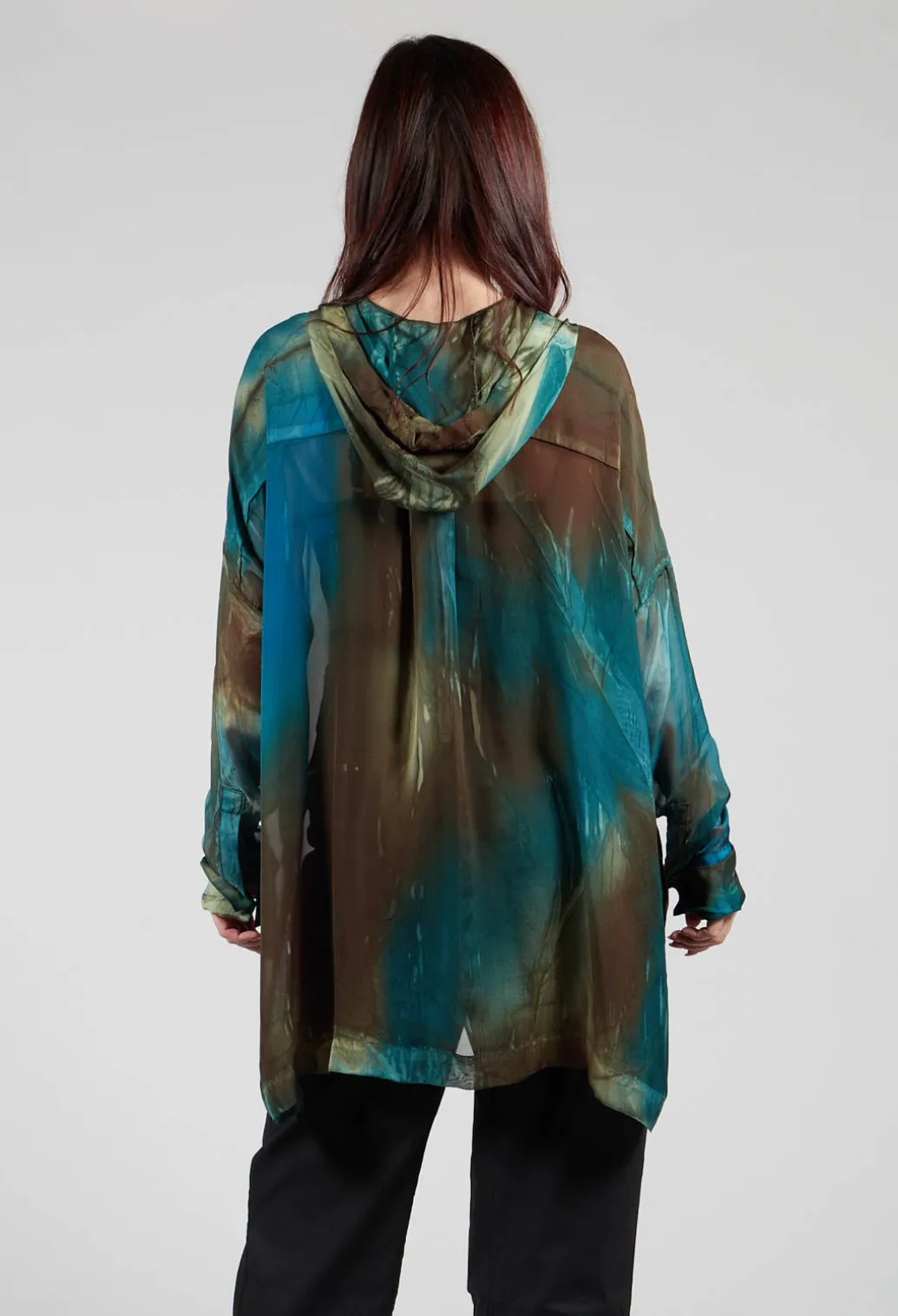 Hooded Silk Shirt in Petrol Print