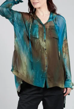 Hooded Silk Shirt in Petrol Print