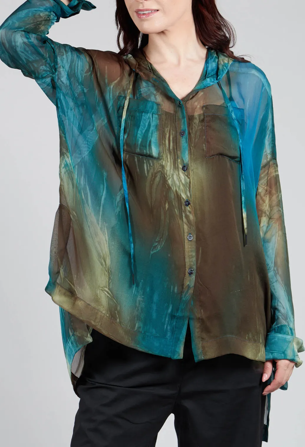 Hooded Silk Shirt in Petrol Print
