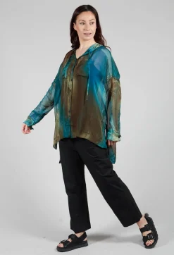 Hooded Silk Shirt in Petrol Print