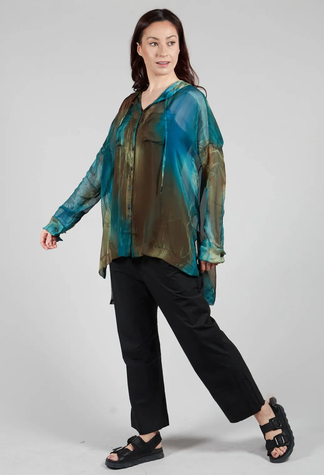 Hooded Silk Shirt in Petrol Print