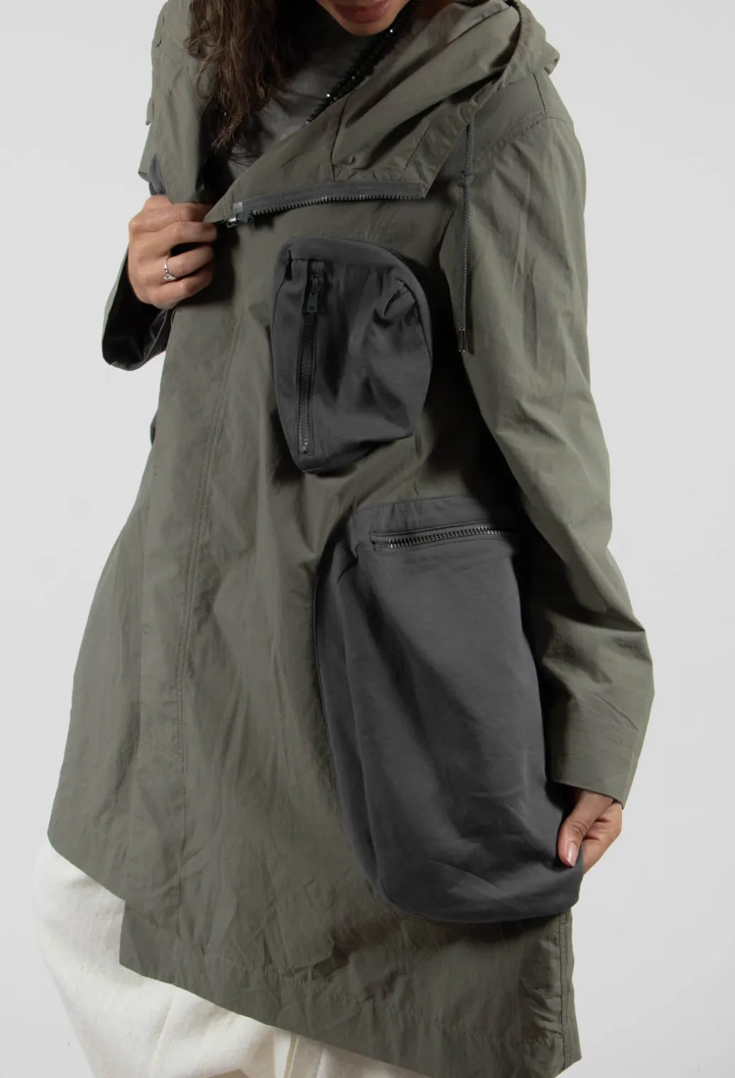 Hooded Utility Coat with Pockets in Light Khaki