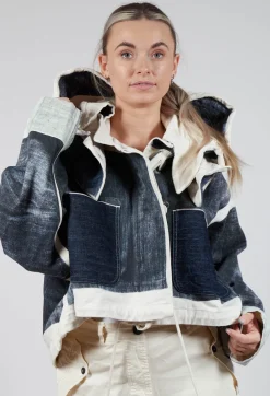 Hooded Zip-Up Jacket in Denim Print