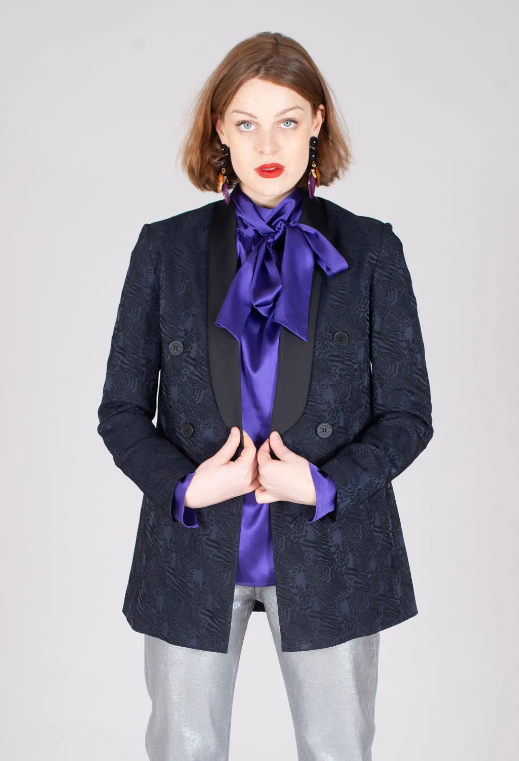 Jacquard Double Breasted Jacket in Navy