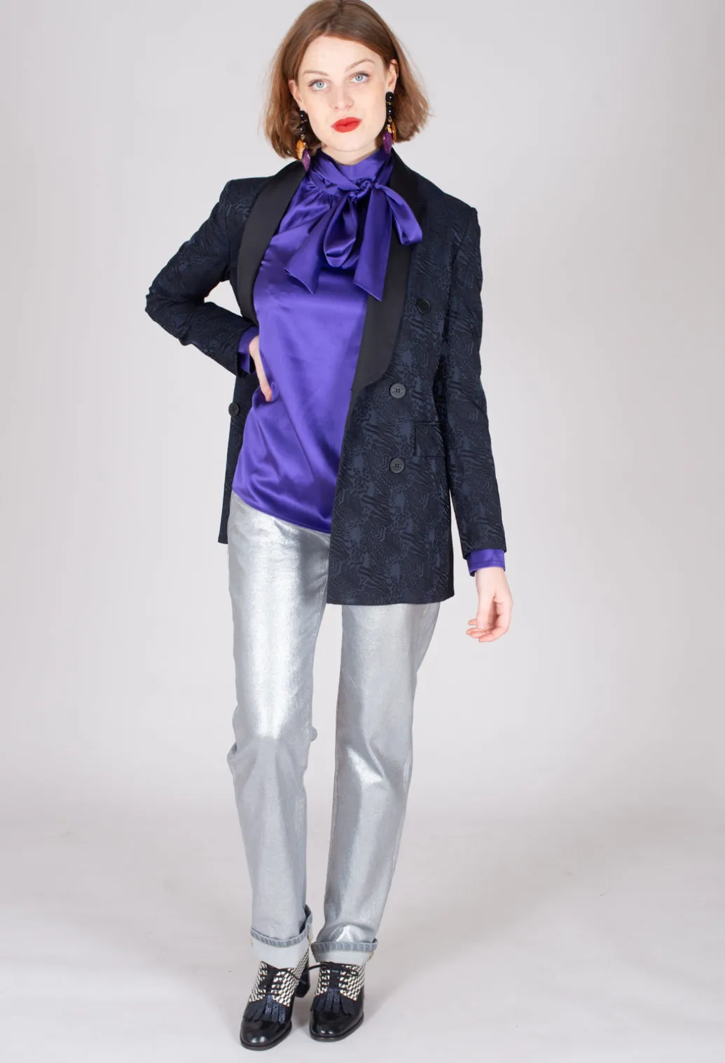 Jacquard Double Breasted Jacket in Navy