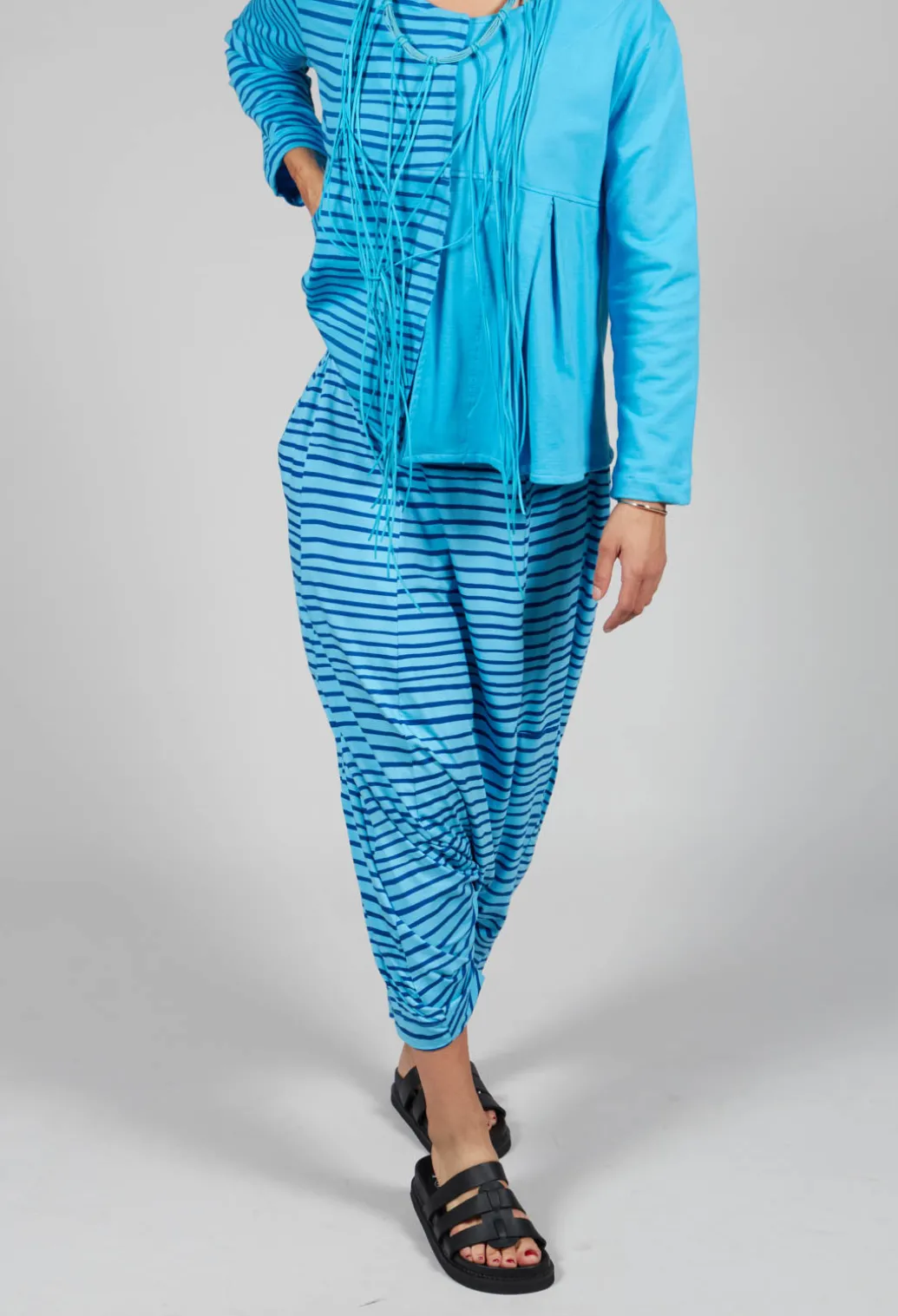Jersey Drop-Crotch Trousers in Turquoise with Blue Lines