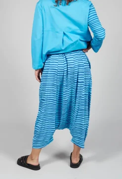 Jersey Drop-Crotch Trousers in Turquoise with Blue Lines