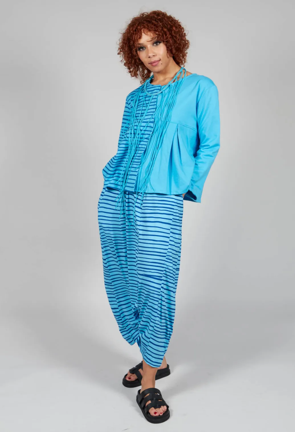 Jersey Drop-Crotch Trousers in Turquoise with Blue Lines