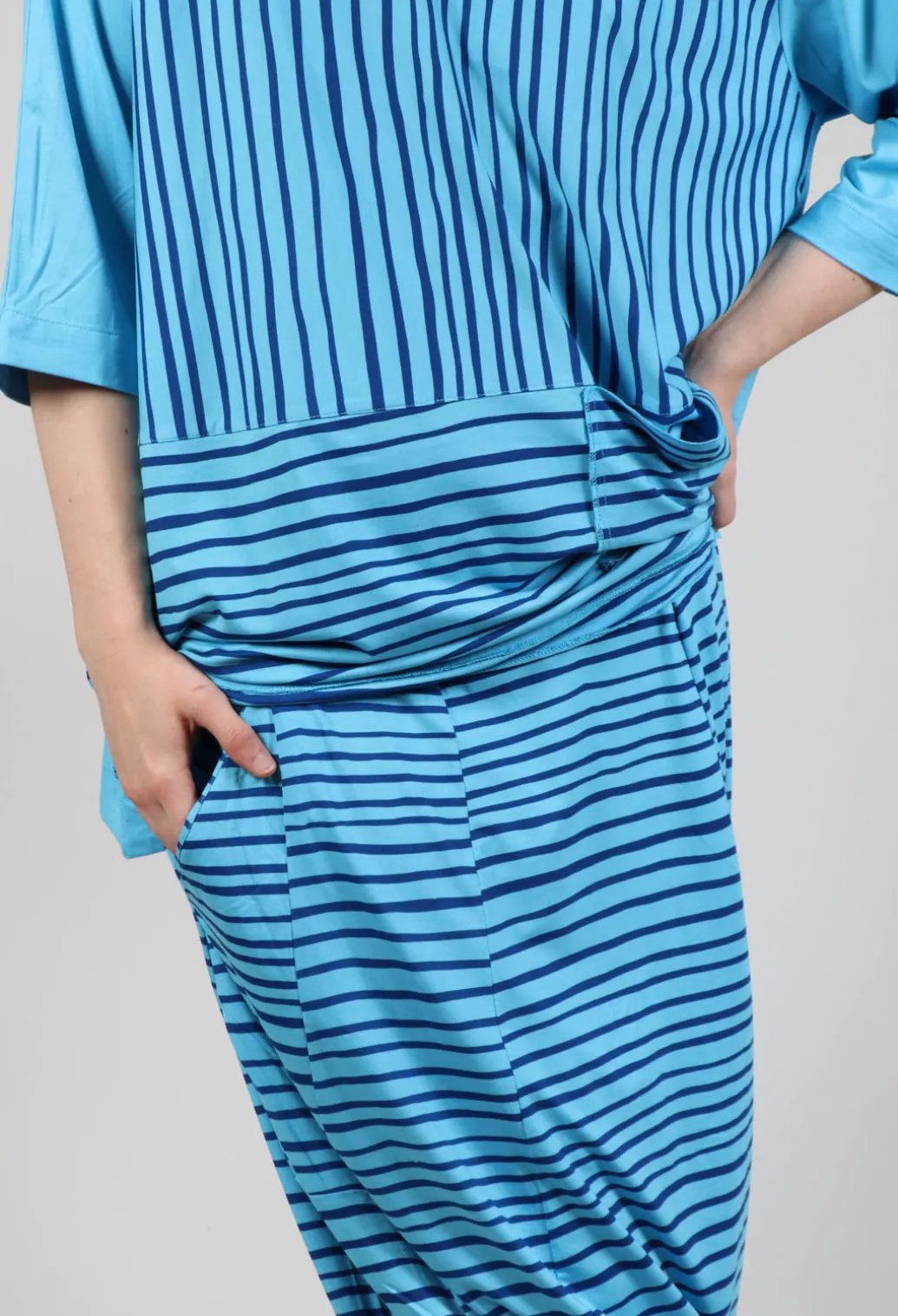Jersey Drop-Crotch Trousers in Turquoise with Blue Lines