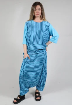Jersey Drop-Crotch Trousers in Turquoise with Blue Lines