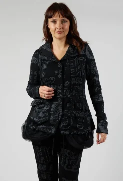 Jersey Jacket with Netted Hemline in Black Shiny Print