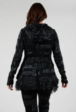 Jersey Jacket with Netted Hemline in Black Shiny Print
