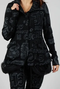 Jersey Jacket with Netted Hemline in Black Shiny Print