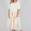 Jersey Pleated Dress with Dropped Waist in Greige