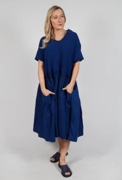 Jersey Pleated Dress with Dropped Waist in Ocean