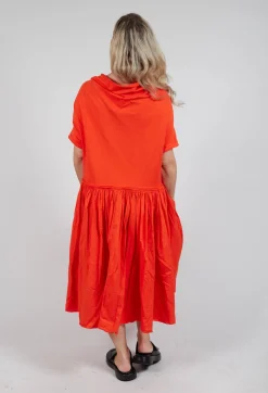 Jersey Pleated Dress with Dropped Waist in Mandarine