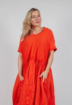 Jersey Pleated Dress with Dropped Waist in Mandarine