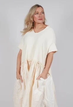 Jersey Pleated Dress with Dropped Waist in Greige