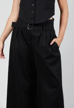 Jersey Wide Leg Trousers with Belt in Nero
