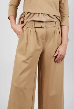 Jersey Wide Leg Trousers with Belt in Camel