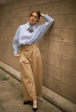 Jersey Wide Leg Trousers with Belt in Camel