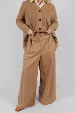 Jersey Wide Leg Trousers with Belt in Camel