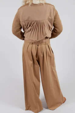 Jersey Wide Leg Trousers with Belt in Camel