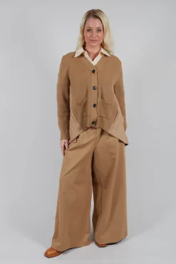 Jersey Wide Leg Trousers with Belt in Camel
