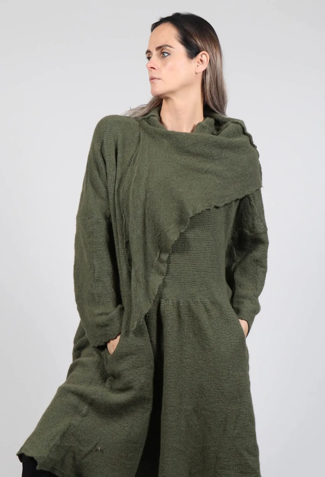 Jumper Dress with Ascot Neck Detail in Olive