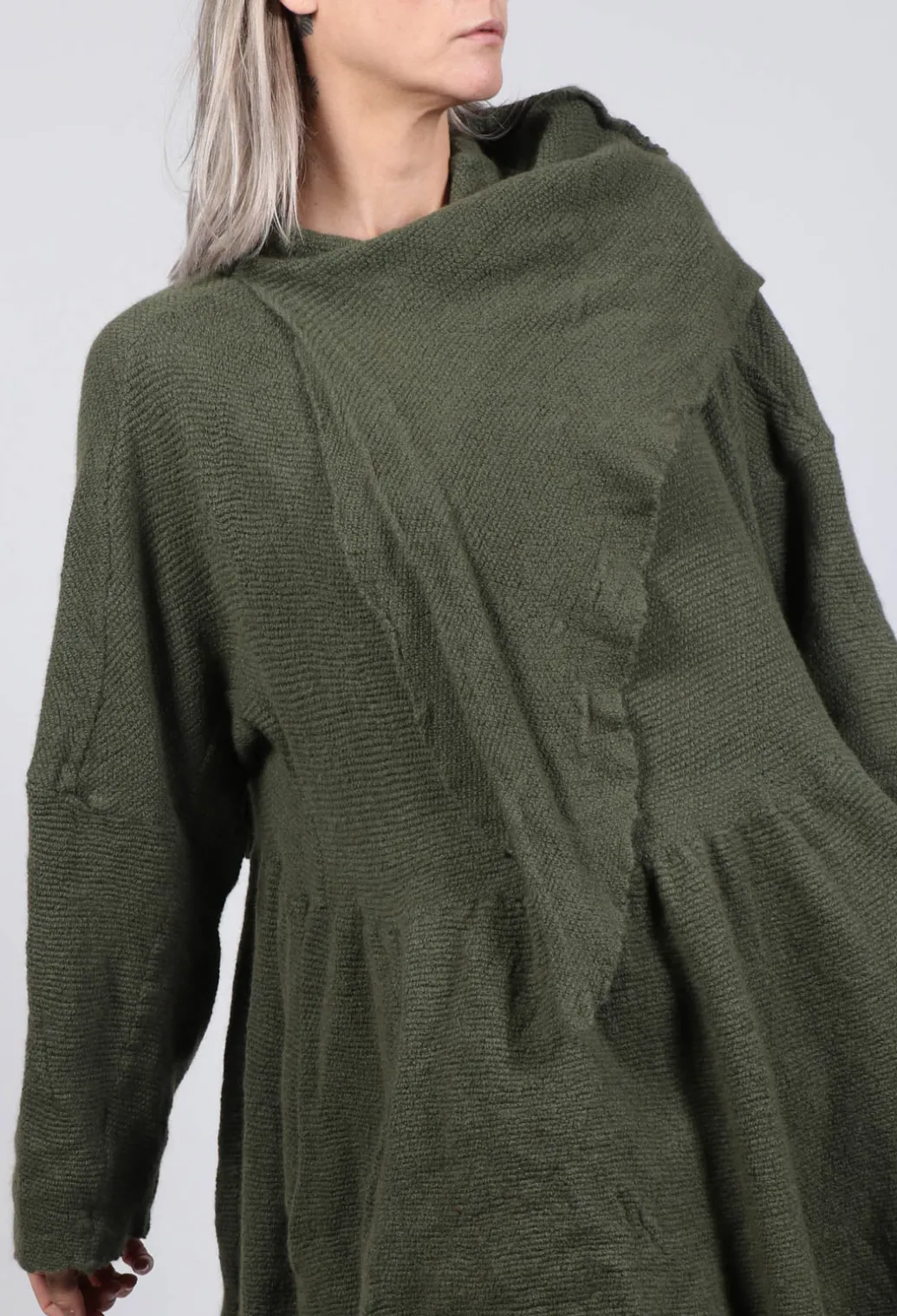Jumper Dress with Ascot Neck Detail in Olive